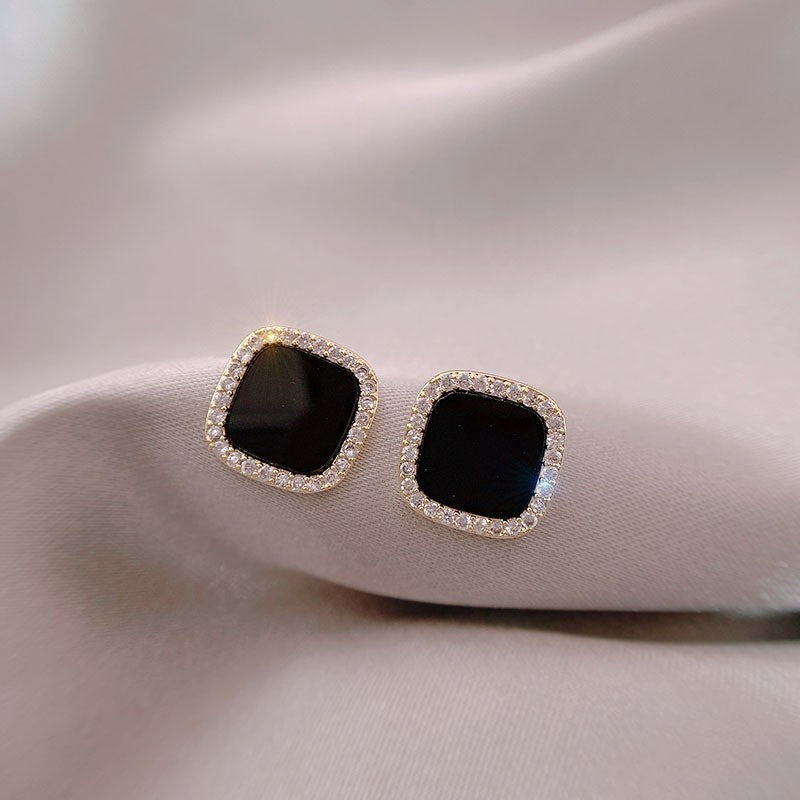 Modern Square Studs with Black Stone and Rhinestones Earrings