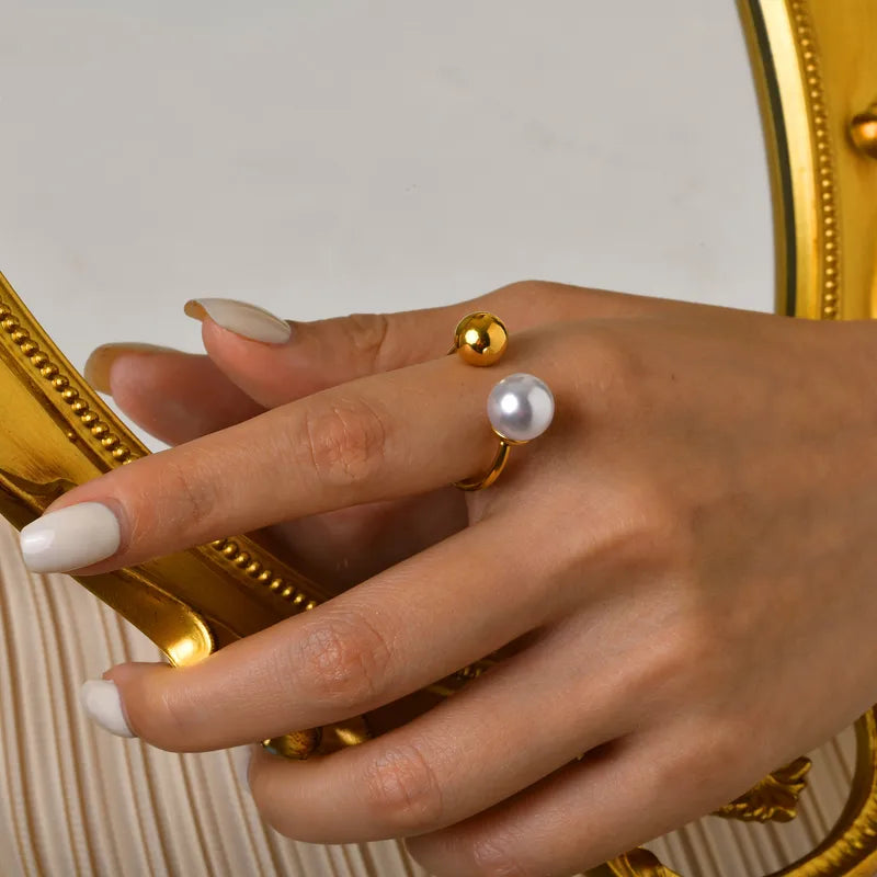 304 Stainless Steel 18K Gold Plated with Gold and Pearl Ring