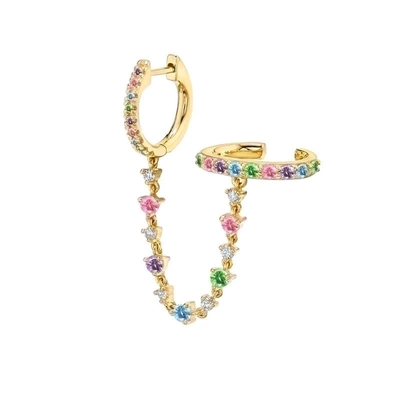 925 Silver Needle One-piece Ear Chain With Gold Plated Colorful Stones Double Ring Ear Clip