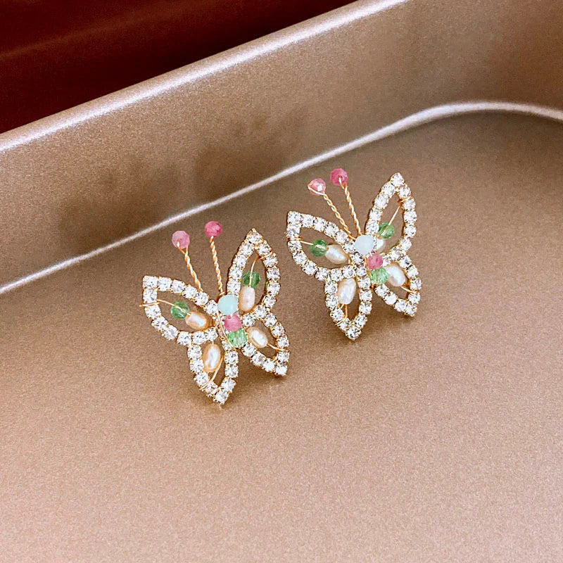 Luxurious Butterfly Studs with Colored Green, White, Pink Stones