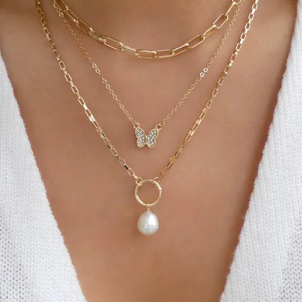 Fashion Butterfly Pearls Rhinestones Women's Clavicle Chain Layered