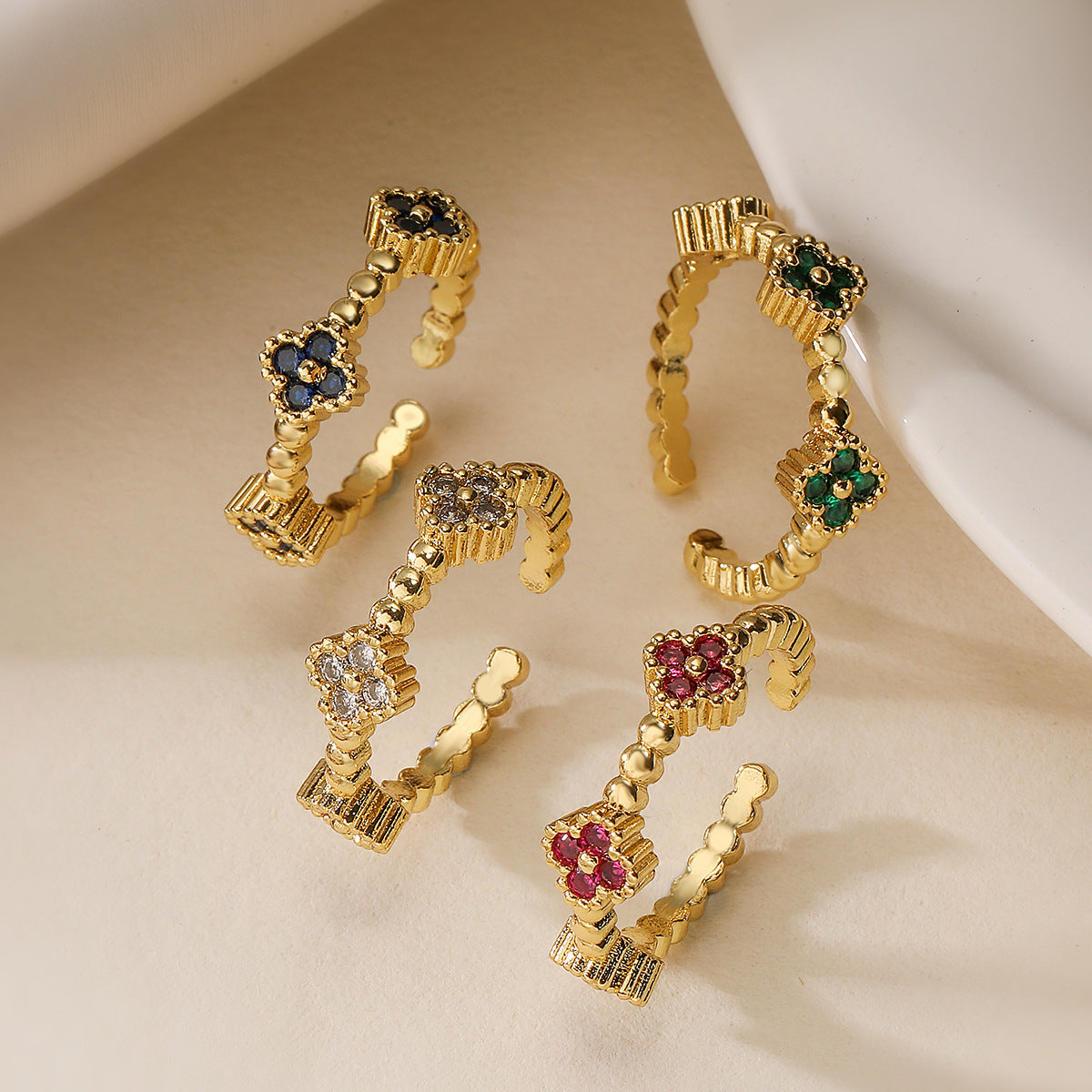 Copper 18K Gold Plated Inlay Geometric Zircon Open Flower Rings