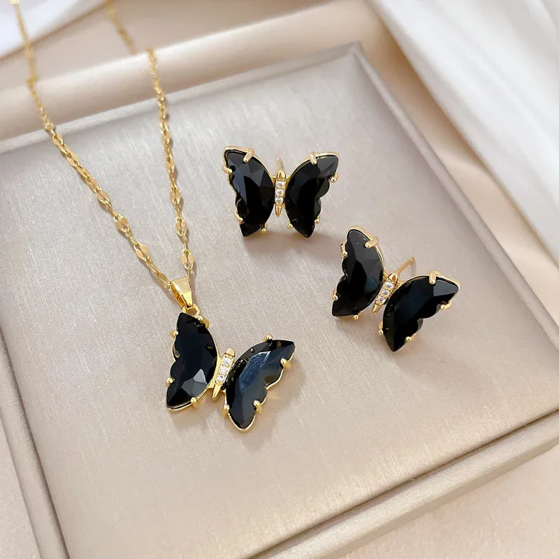 Gold with Black Stones Butterfly Necklace and Earrings Set