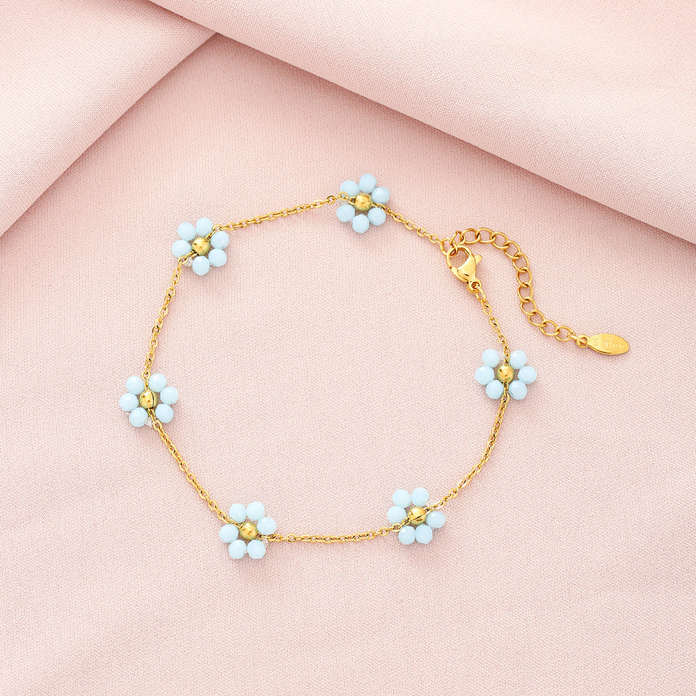 Sweet Shiny Petal 201 Stainless Steel Artificial Crystal 18K Gold Plated Lake Blue Bracelet