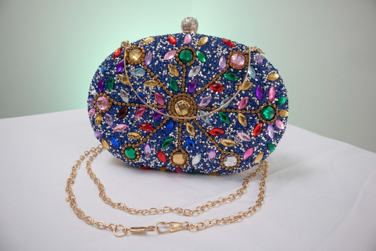 Sunflower Royal Blue Diamond-Encrusted Dinner Bag