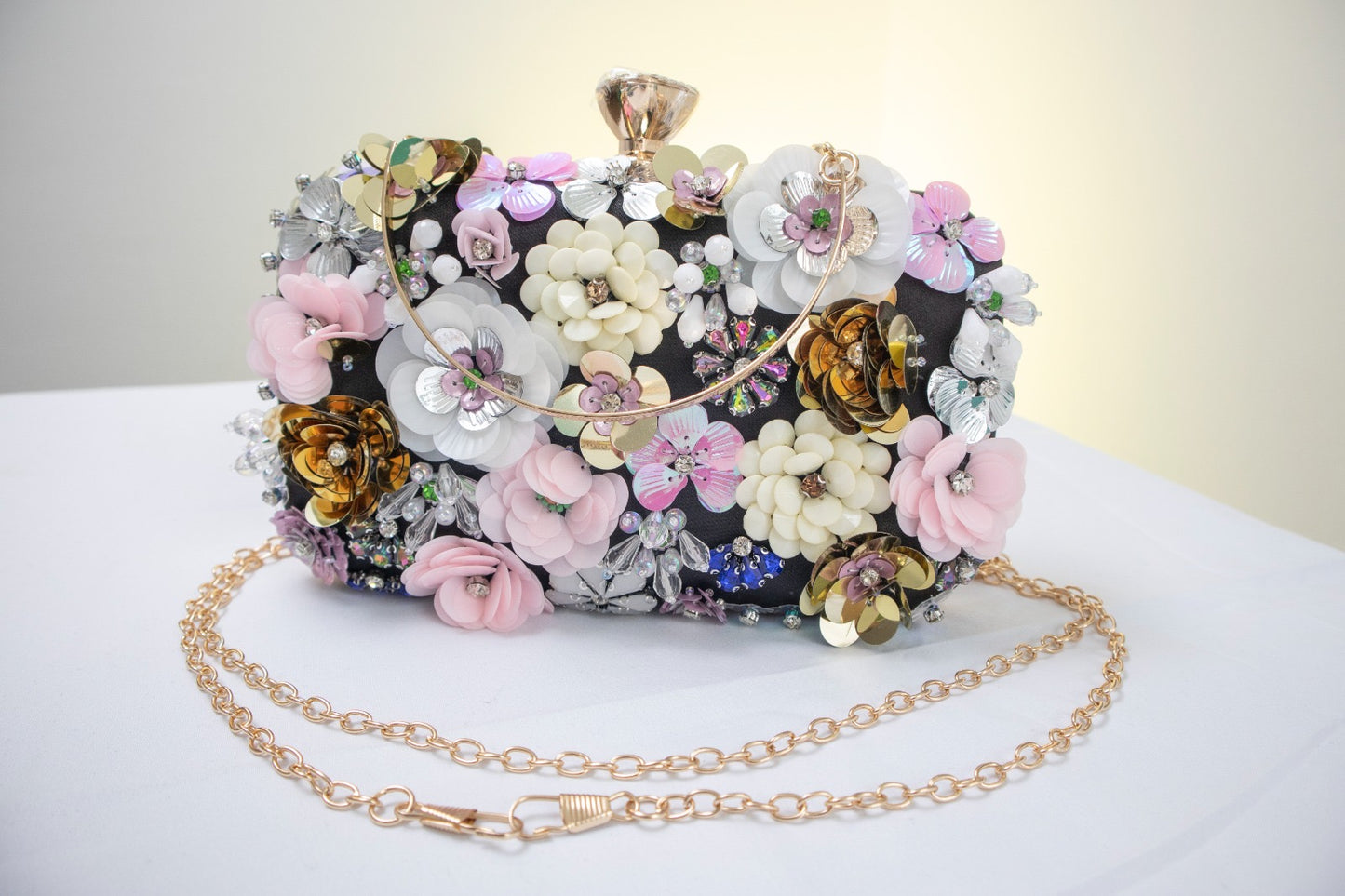 Black Satin Elegant and Chic Flower Clutch