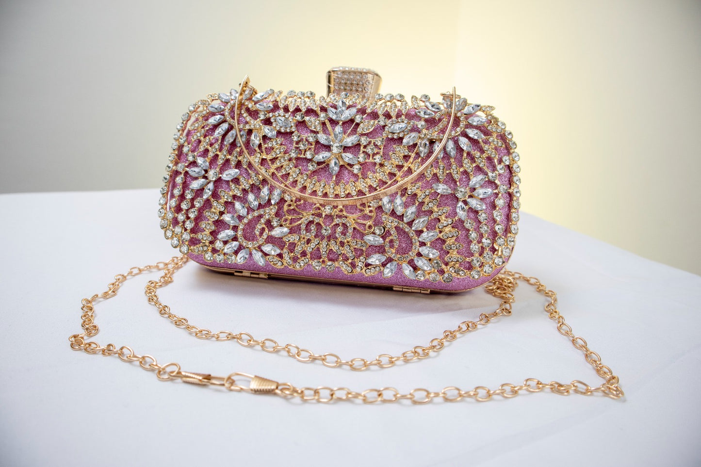 Pink Rose Color Rhinestone Square Clutch