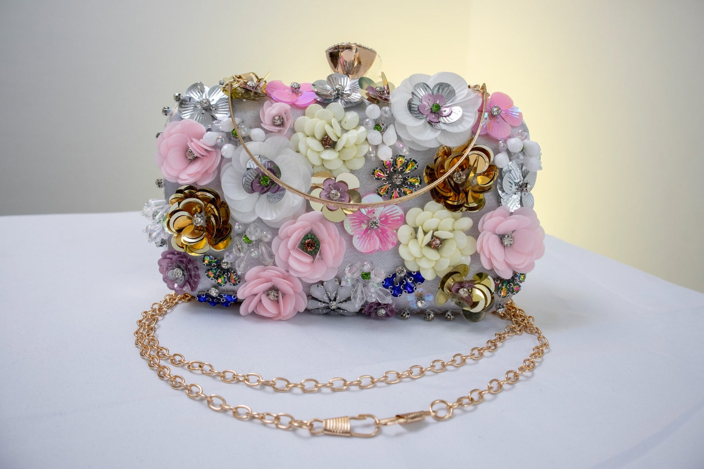 Silver Satin Flowers Elegant Clutch