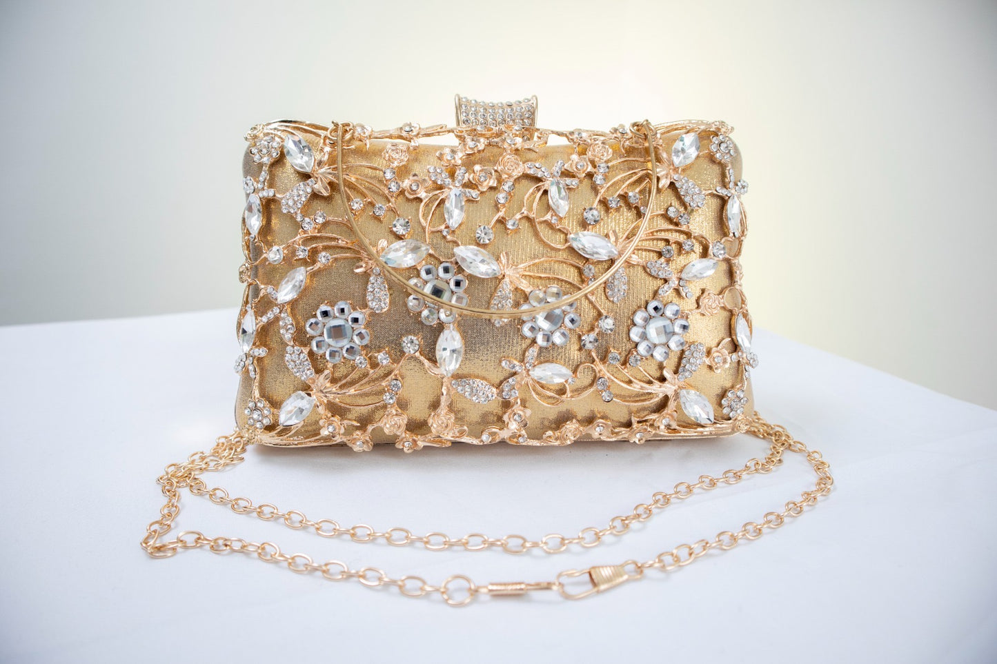 Gold with Silver Flower Rhinestones Clutch