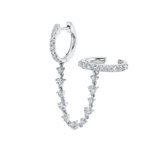 925 Silver Needle One-piece Ear Chain With Diamonds Double Ring Ear Clip