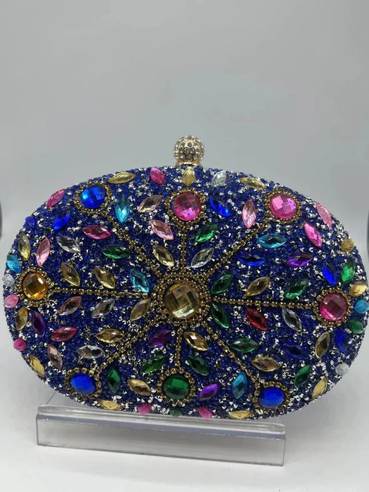 Sunflower Royal Blue Diamond-Encrusted Dinner Bag