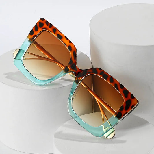 Elegant Streetwear Color Block Blue/Brown Square Full Frame Women's Sunglasses