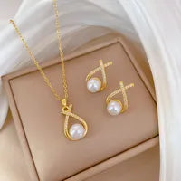 Luxurious Classic Style Artistic Water Droplets Titanium Steel Copper Inlay Artificial Pearls Zircon Gold Plated Women's Jewelry Set