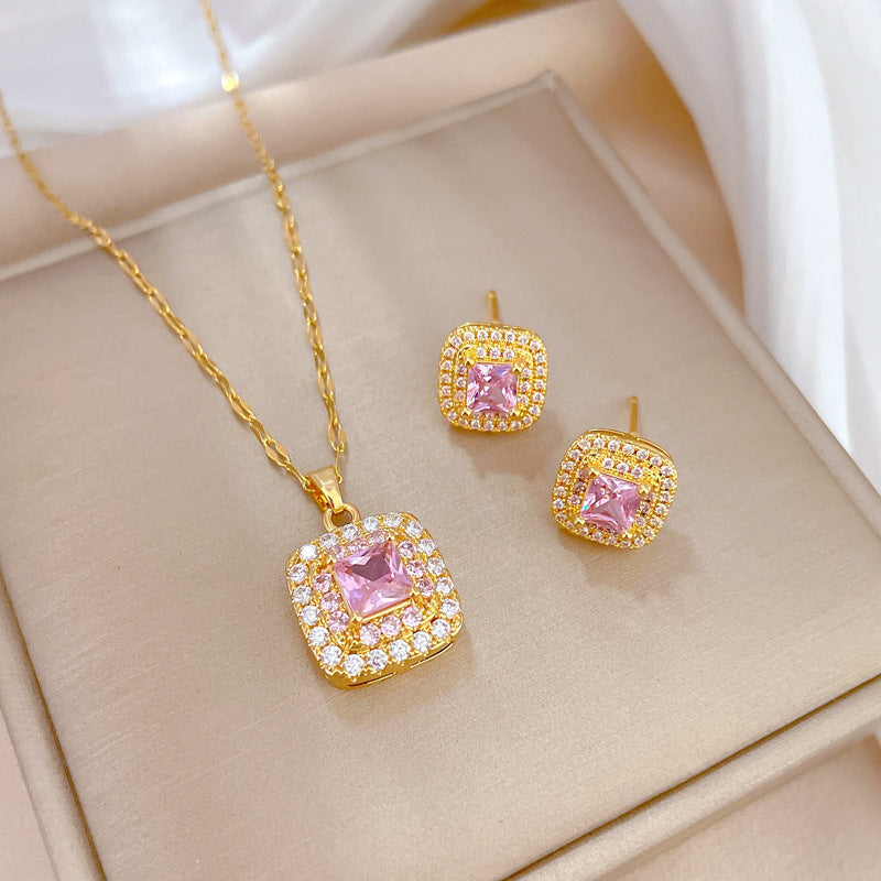 Gold Necklace and Earrings Set with Rose Stone