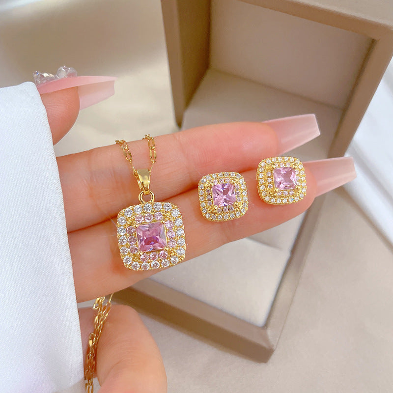 Gold Necklace and Earrings Set with Rose Stone