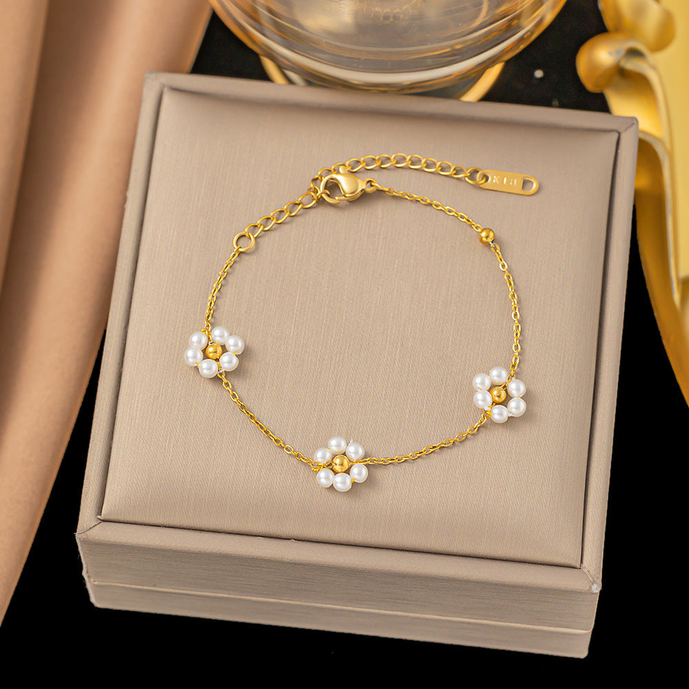 Titanium Steel Simple Style Classic Style Inlay Flower Pearl Bracelets Necklace Set