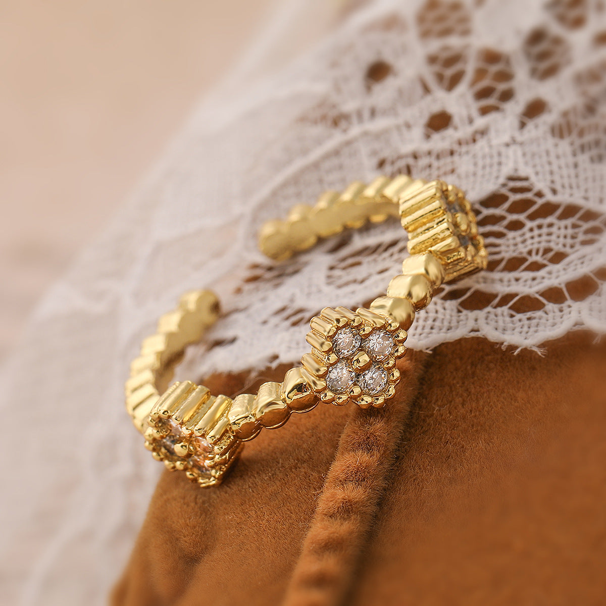 Copper 18K Gold Plated Inlay Geometric Zircon Open Flower Rings