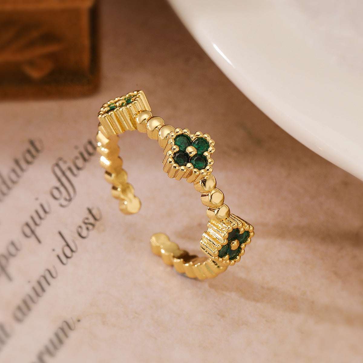 Copper 18K Gold Plated Inlay Geometric Zircon Open Flower Rings