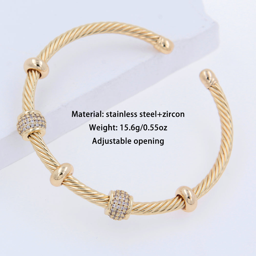 Spiral Stripe 304 Stainless Steel 18K Gold Plated Zircon Bangle