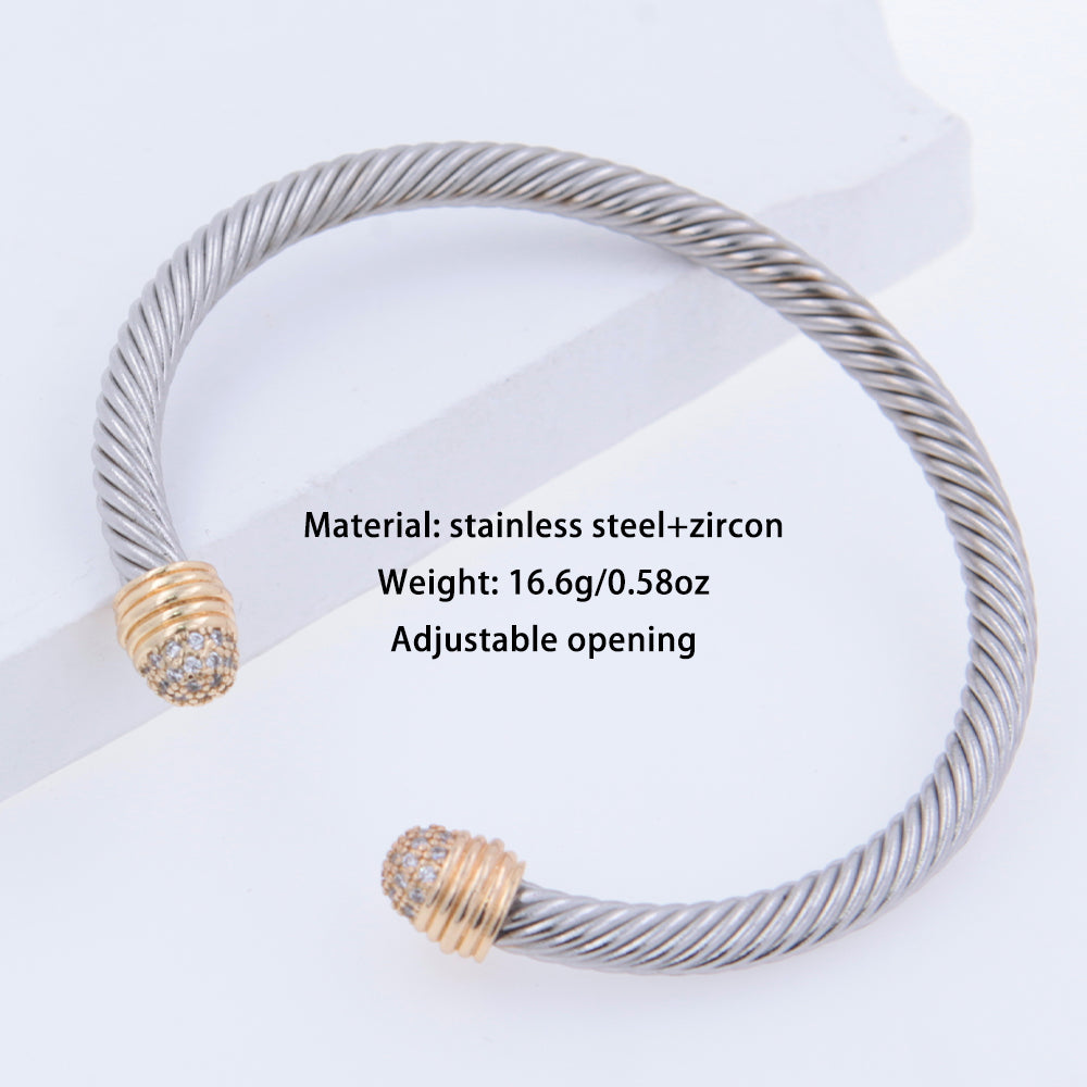 Spiral Stripe 304 Stainless Steel 18K Gold Plated Zircon Bangle