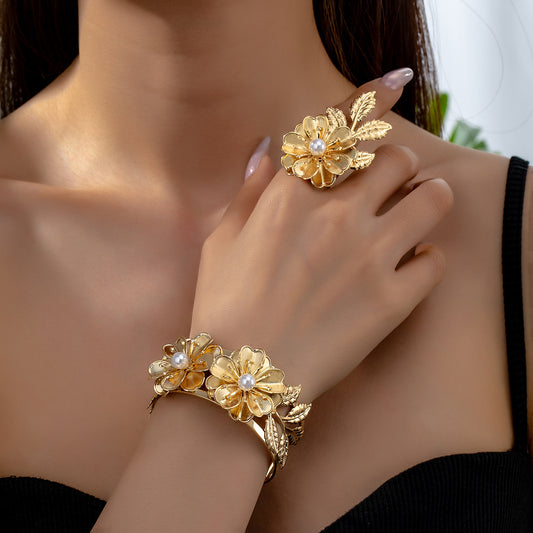 Romantic Classic Style Commute Flower Petal Floral 14K Gold Plated Alloy Jewelry Set