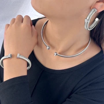 304 Stainless Steel Silver with Small Rhinestones Set