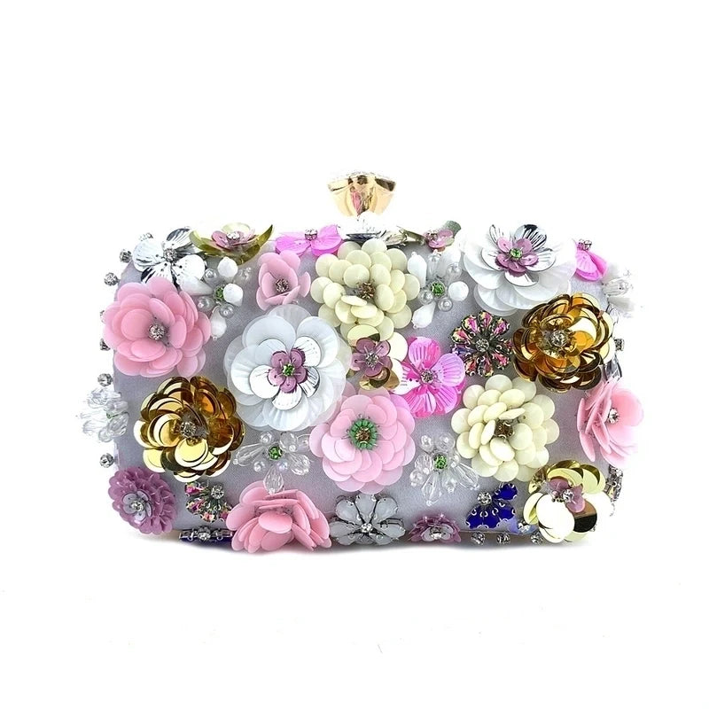 Silver Satin Flowers Elegant Clutch