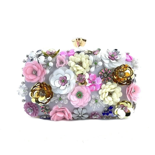 Silver Satin Flowers Elegant Clutch