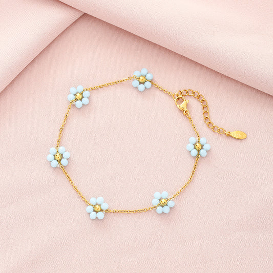 Sweet Shiny Petal 201 Stainless Steel Artificial Crystal 18K Gold Plated Lake Blue Bracelet