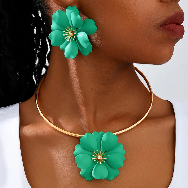 Vacation Classic Style Flower Ferroalloy Inlay Rhinestones Women's Jewelry Set Emerald