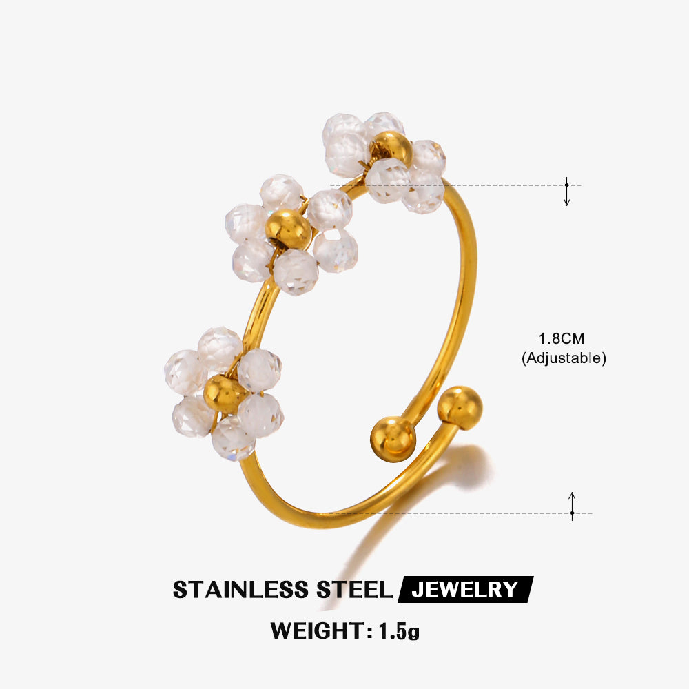 304 Stainless Steel 18K Gold Plated Beaded Knitting Flower Rings