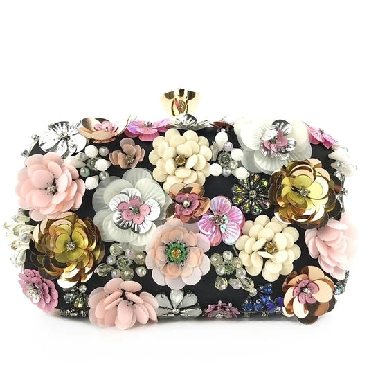 Black Satin Elegant and Chic Flower Clutch