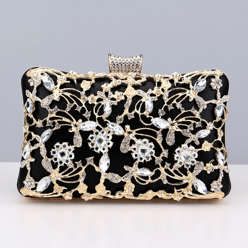 Black, Gold, and Silver Flower Rhinestones Clutch