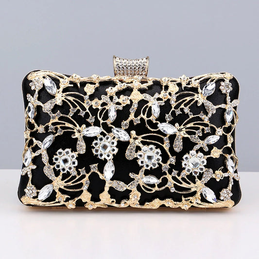 Black, Gold, and Silver Flower Rhinestones Clutch