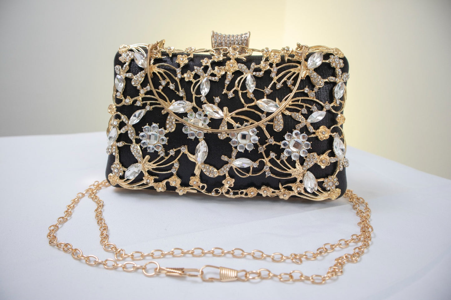 Black, Gold, and Silver Flower Rhinestones Clutch
