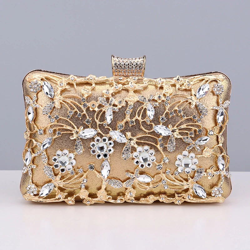 Gold with Silver Flower Rhinestones Clutch