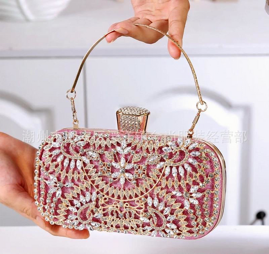 Pink Rose Color Rhinestone Square Clutch